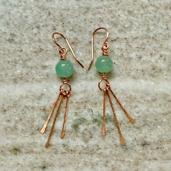 Artisan Jewelry - Green Aventurine Copper Dangle Earrings With Hammered Fringes